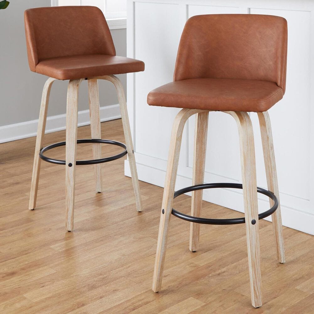 LumiSource Toriano Swivel Bar Stool with Camel Faux Leather Upholstery in Whitewashed and Black (Set of 2), , large