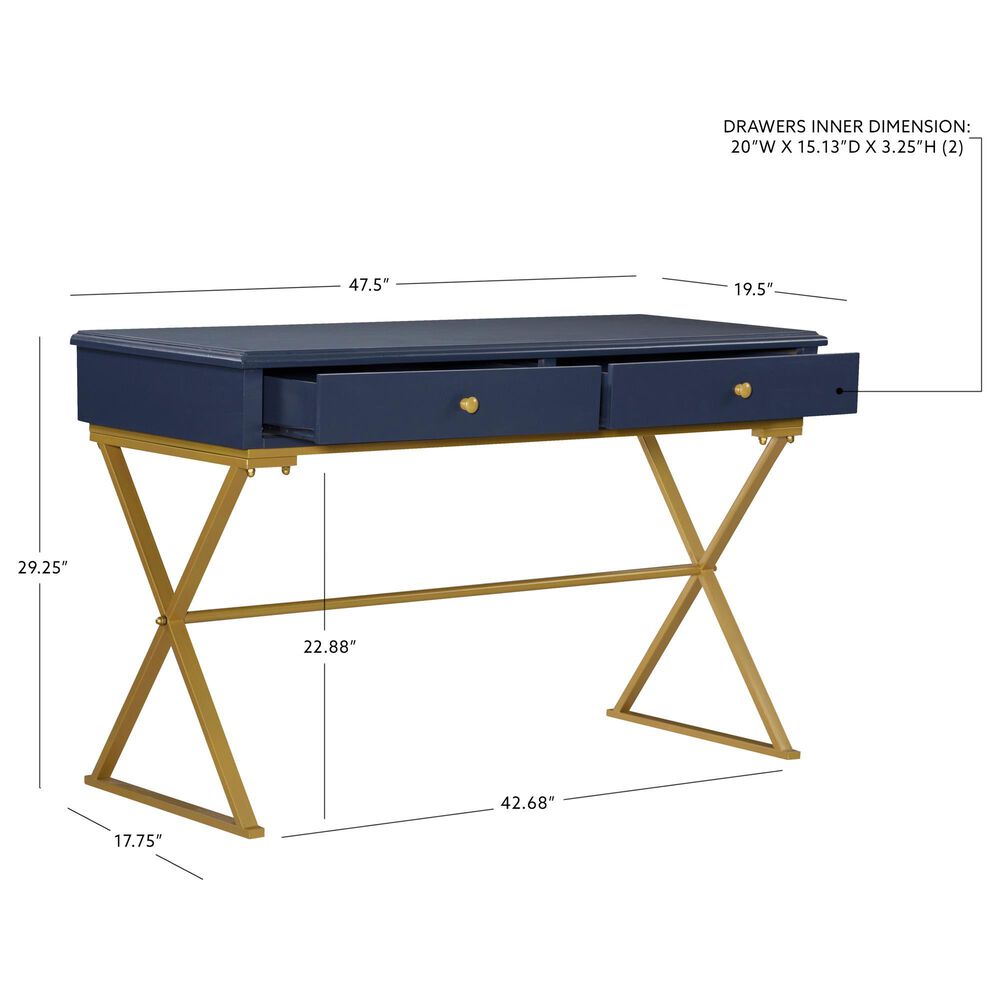 Linon Home Decor Campaign 2-Drawer Desk in Blue and Gold, , large