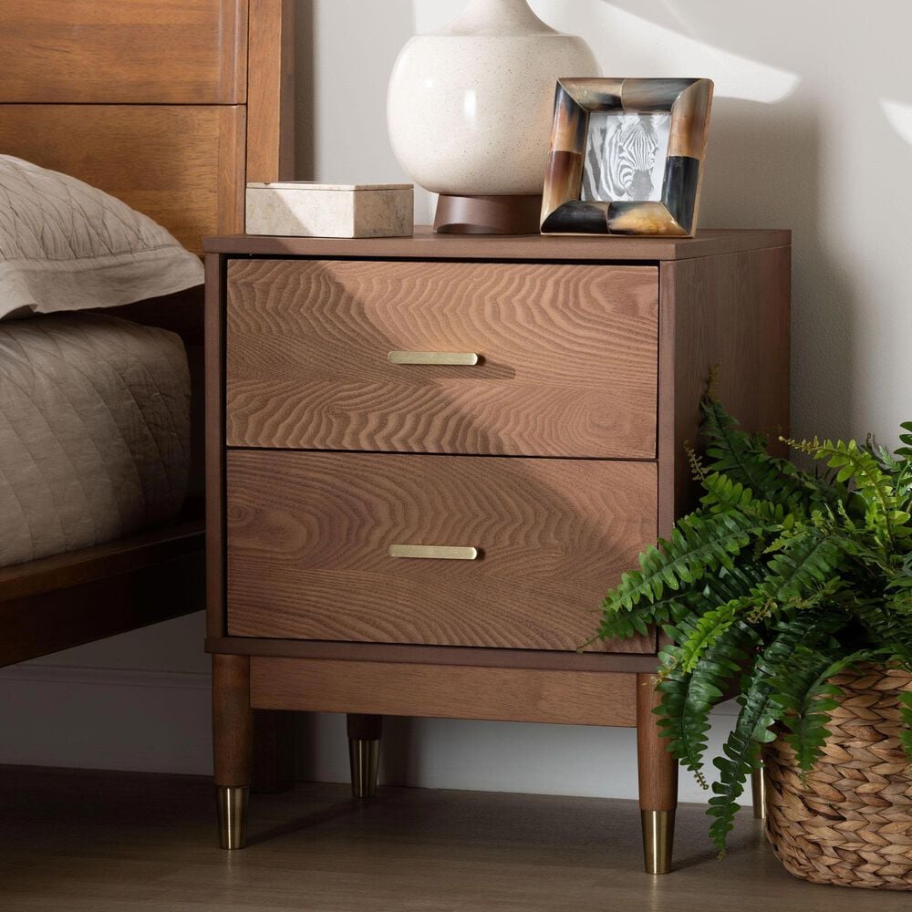 Baxton Studio Mandolin 2-Drawer Nightstand in Ash Walnut and Gold, , large