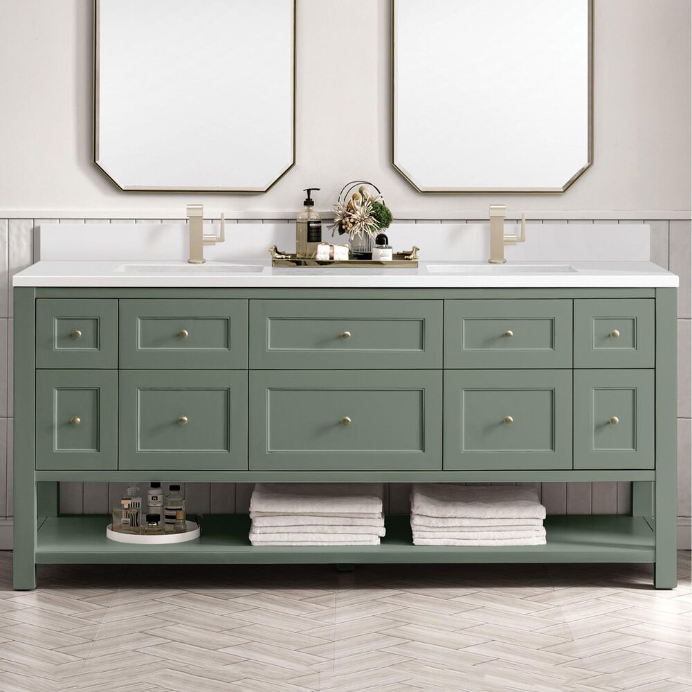 James Martin Vanities Breckenridge 72&quot; Double Bathroom Vanity in Smokey Celadon with Single Hole 3 cm White Zeus Quartz Top and Rectangular Sinks, , large