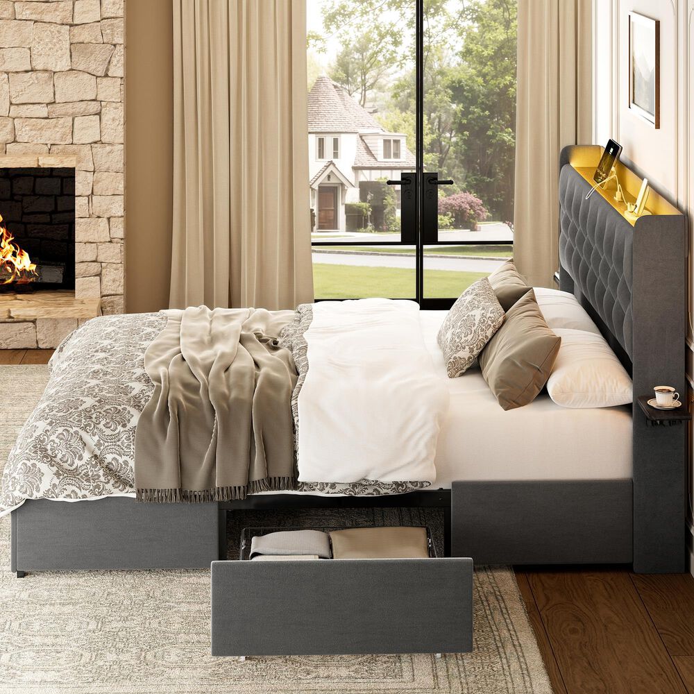 HOMLUX Full Upholstered Platform Storage Bed with Headboard Shelf and USB Charging Station in Gray, , large