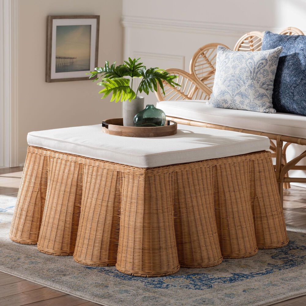 bali &amp; pari Palm 39" Square Ottoman with Light Honey Rattan in White, , large