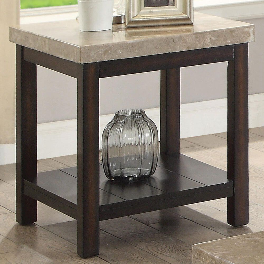 Furniture of America Raven End Table in Dark Walnut and Marble, , large