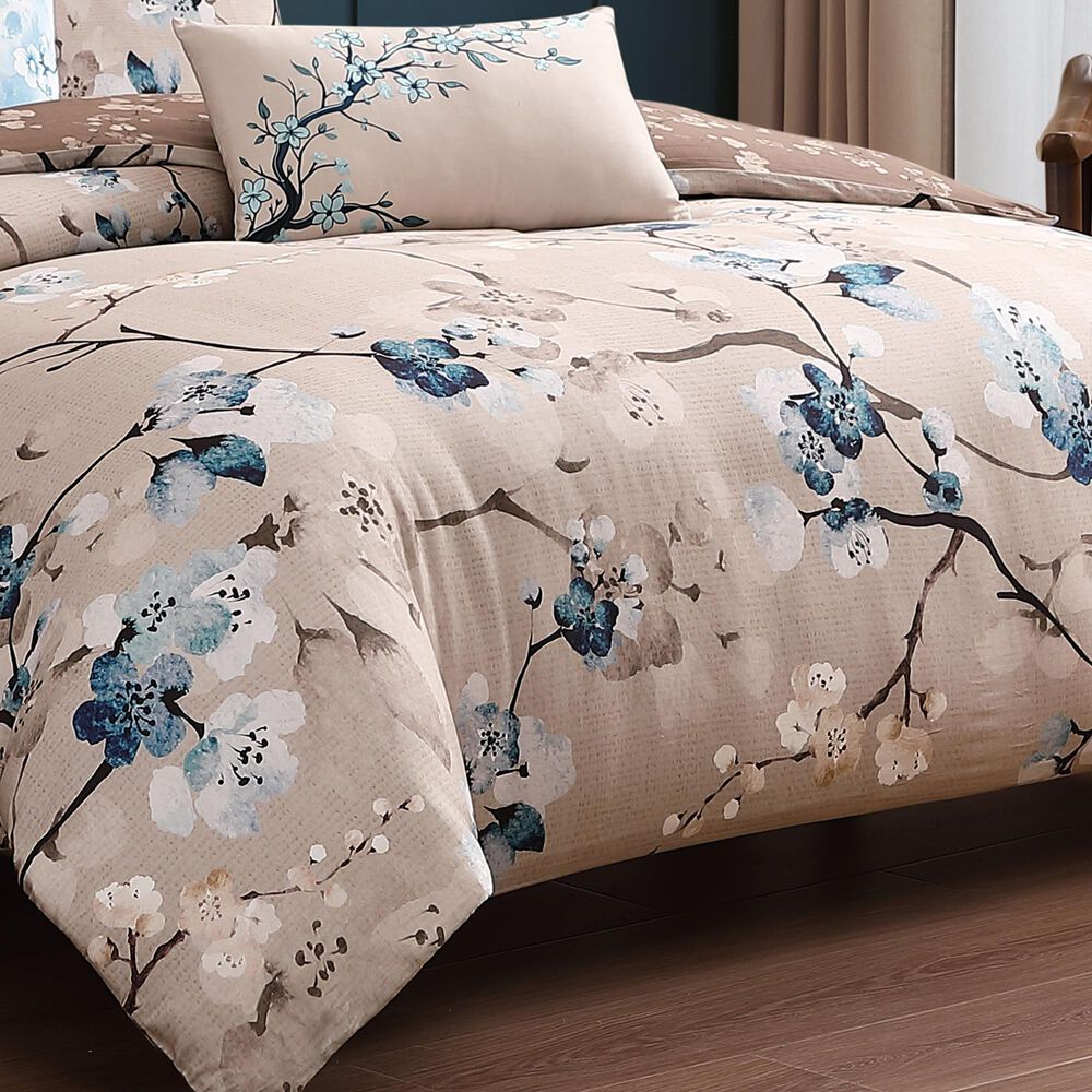 Bebejan Blue Blossom 5-Piece Queen Reversible Comforter Set in Cerulean Blue, Taupe and Dark Brown, , large