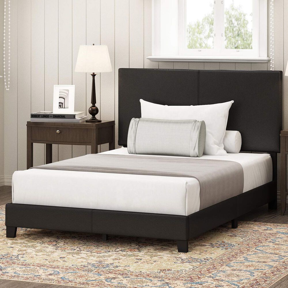 HOMLUX Pessac Full PU Leather Upholstered Panel Bed Frame in Black, , large