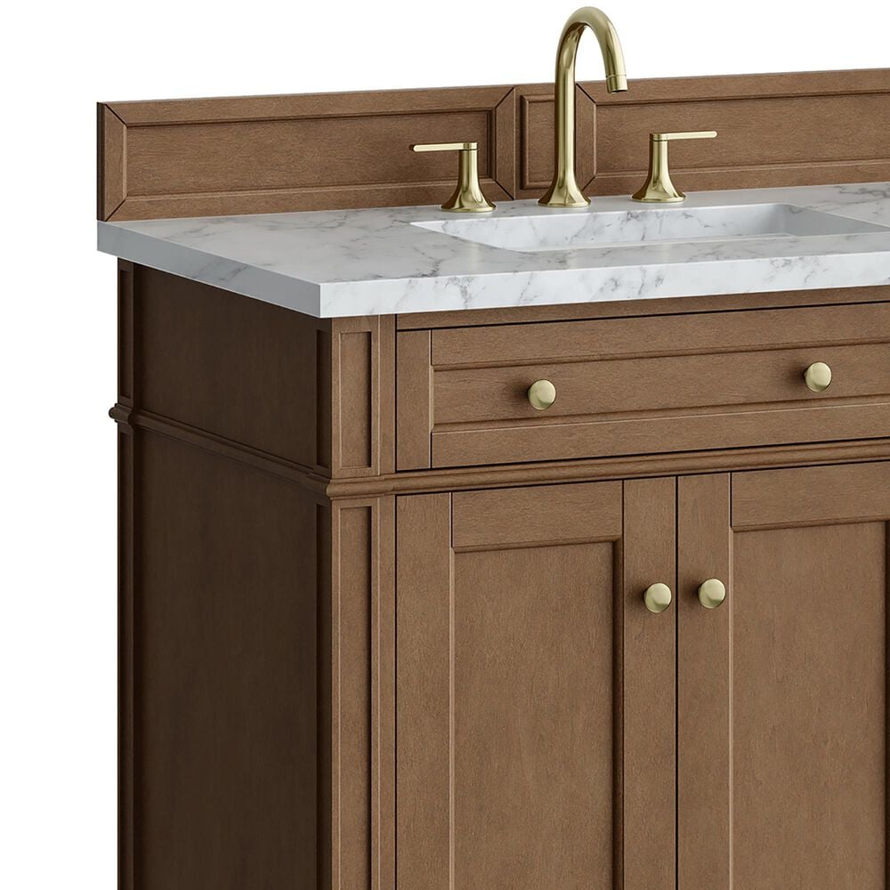 James Martin Brittany 72" Double Bathroom Vanity in Pecan with 3 cm Carrara Marble Top and Rectangular Sinks, , large