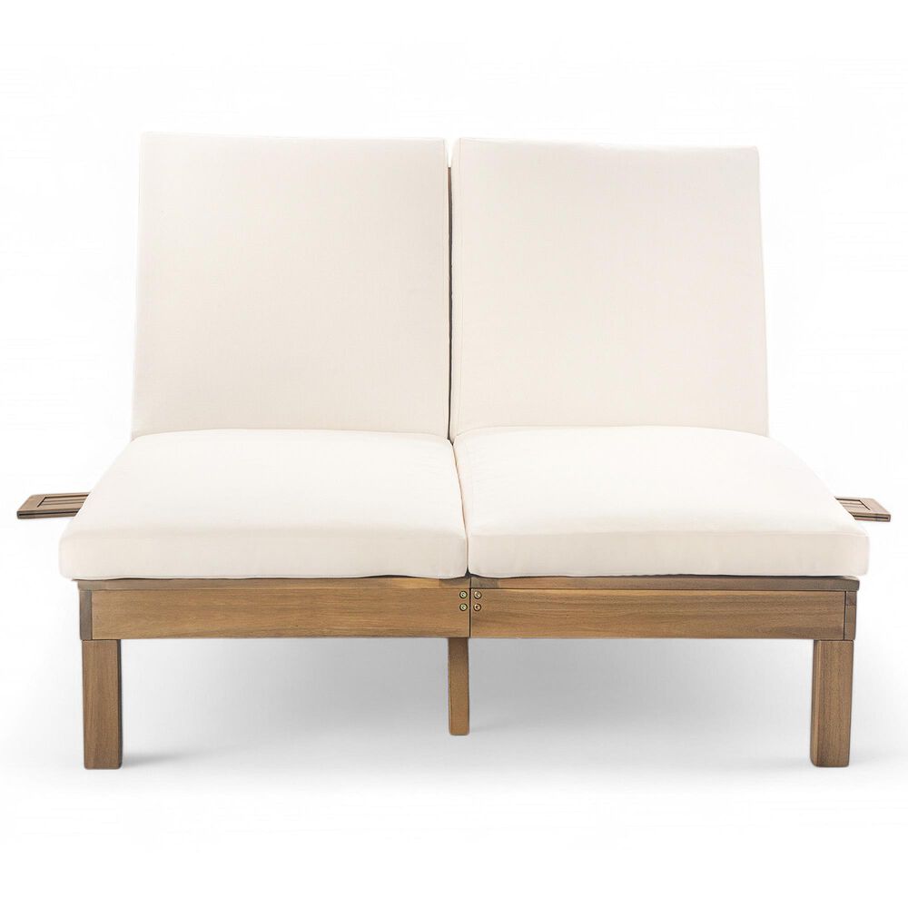 HOMLUX Patio 2-Person Chaise Lounge with Folding Side Tables and Light Teak Frame in Beige, , large