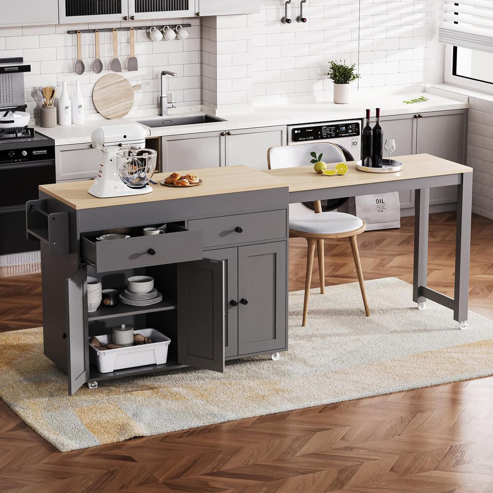 HOMLUX 75" Kitchen Island with Extendable Dining Table in Grey, , large