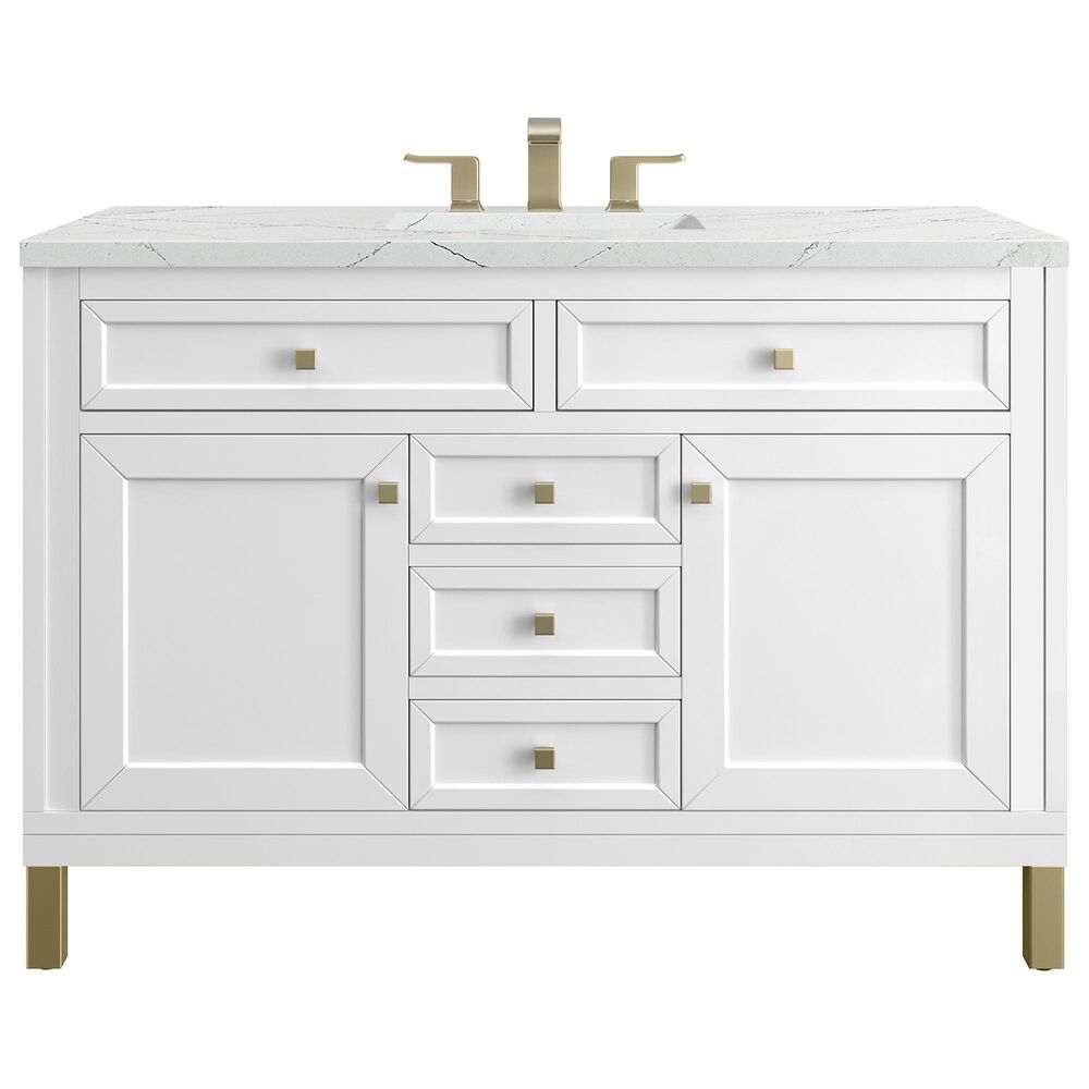 James Martin Vanities Chicago 48" Single Bathroom Vanity in Glossy White with 3 cm Ethereal Noctis Quartz Top and Rectangular Sink, , large