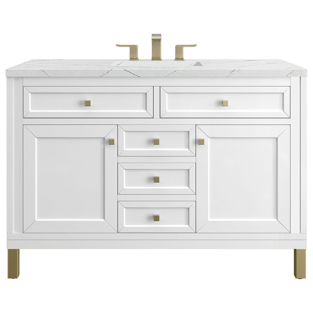 James Martin Vanities Chicago 48" Single Bathroom Vanity in Glossy White with 3 cm Ethereal Noctis Quartz Top and Rectangular Sink, , large