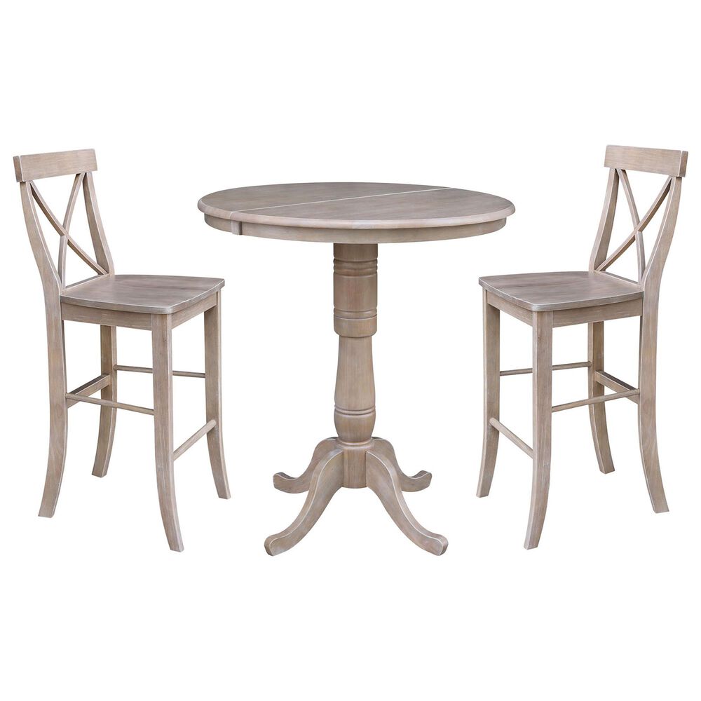International Concepts 3-Piece Modern Farmhouse Round Casual Bar Height Dining Set in Washed Gray Taupe, , large