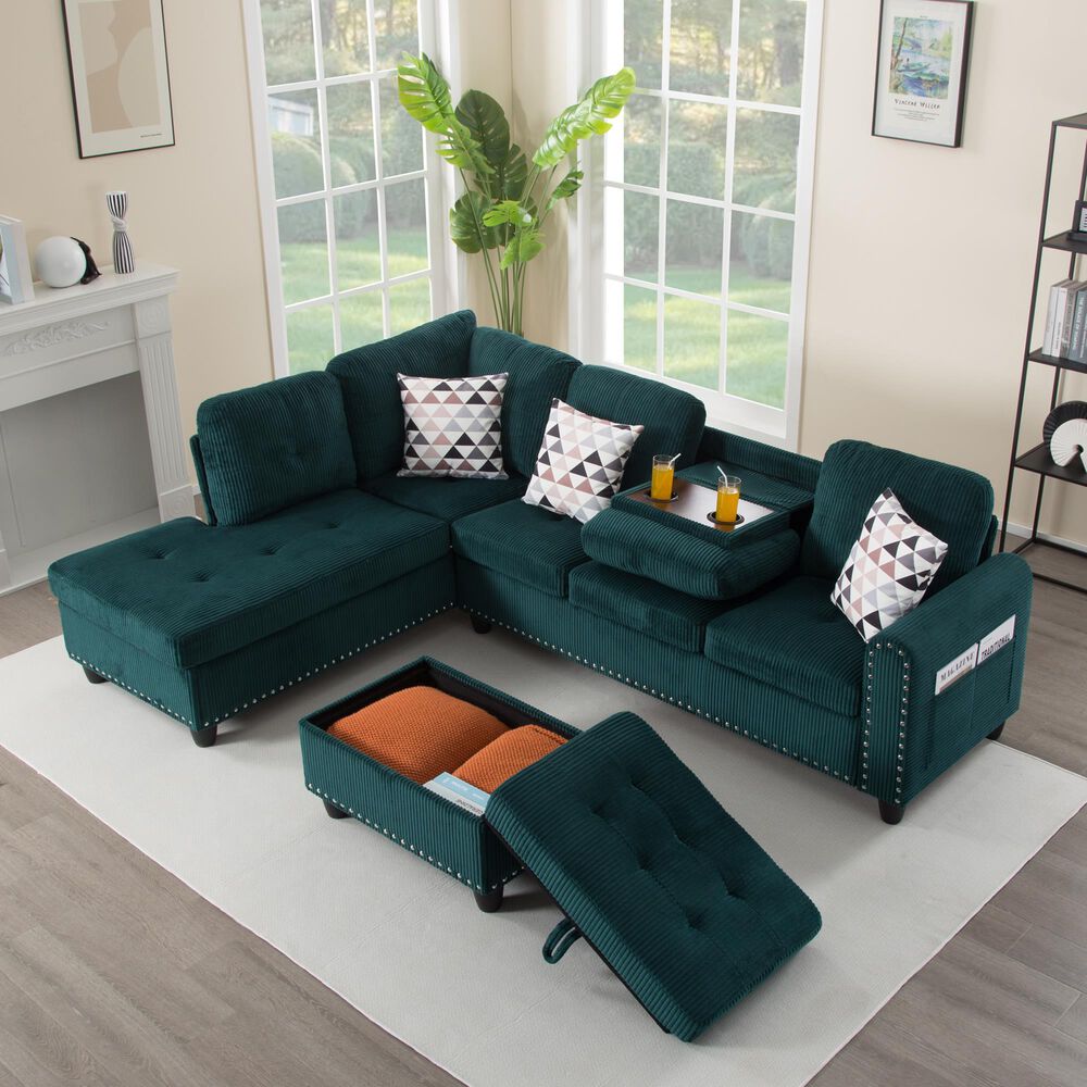 HOMLUX 94.49" L-Shaped Modular Sectional Sofa with Storage Ottoman and Cup Holders in Green, , large