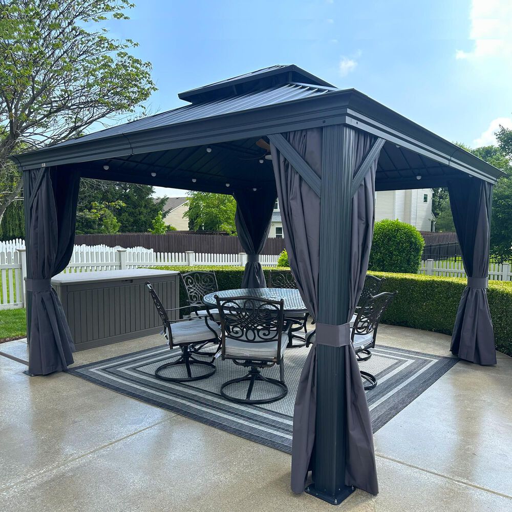 HOMLUX 12-ft x 12-ft Permanent Hardtop Gazebo Gray Gazebo with Hardtop Roof (Screen Included), , large