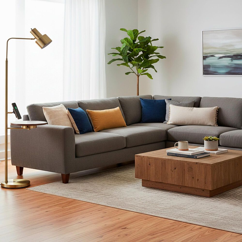 Adesso Wyatt Floor Lamp with Shelf and Wireless Charging in Antique Brass, , large