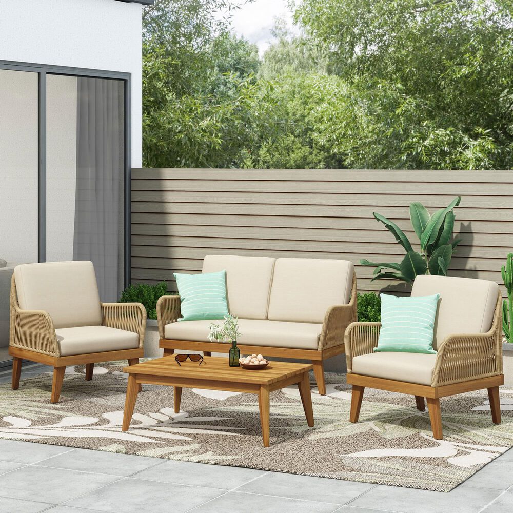 Hearth and Haven 4-Piece Outdoor Chat Set with Teak Coffee Table in Beige, , large