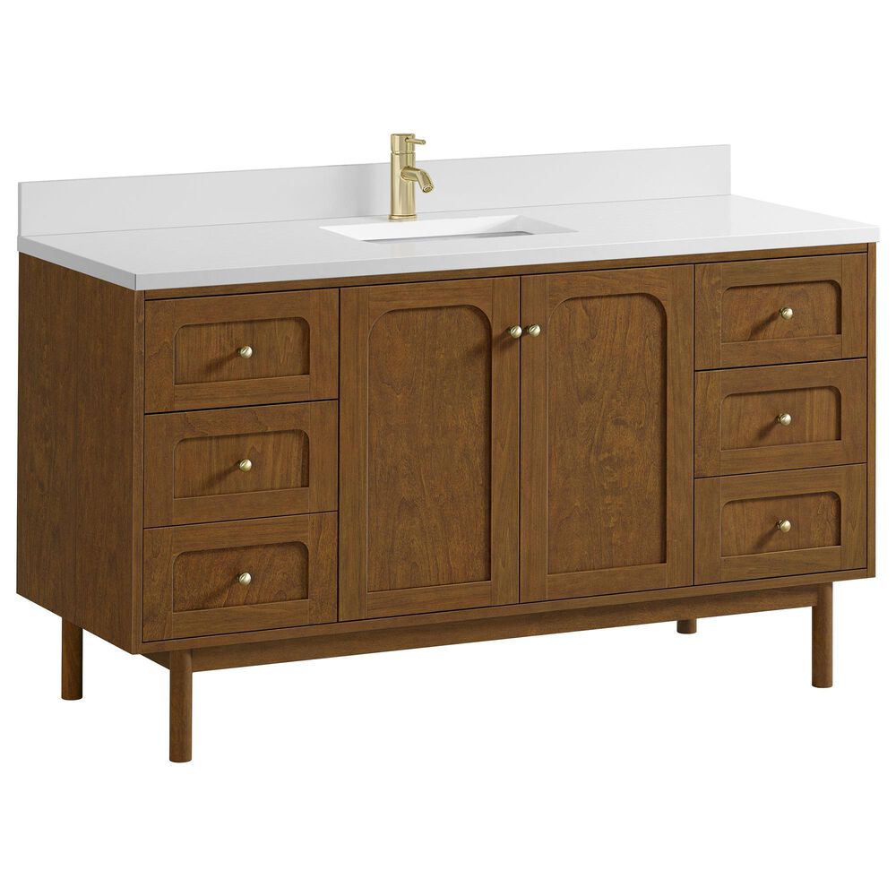 James Martin Laurent 60" Single Bathroom Vanity in Honey Oak with Single Hole 3 cm White Zeus Silestone Top and Rectangular Sink, , large