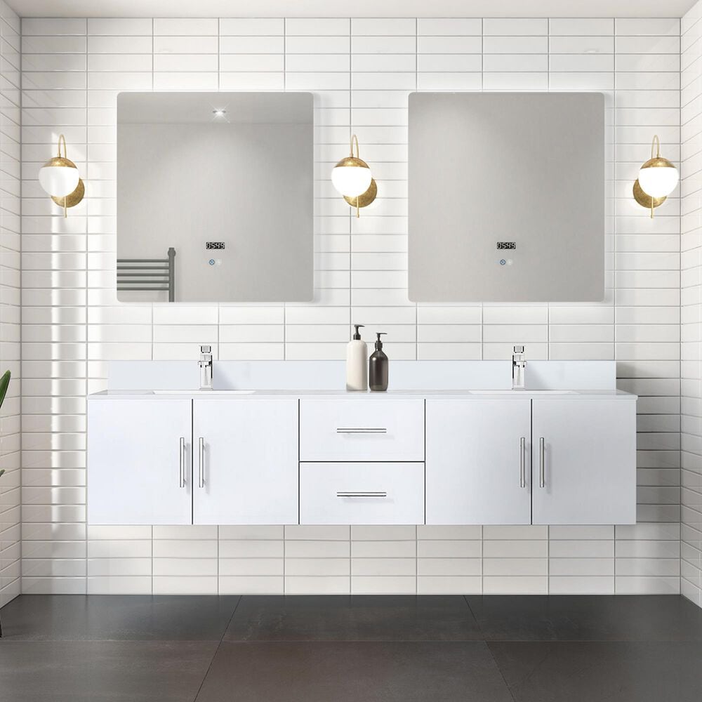 Lexora Home Geneva 80&quot; Double Bathroom Vanity in Glossy White with 2 cm White Quartz Top and Rectangular Sinks, , large