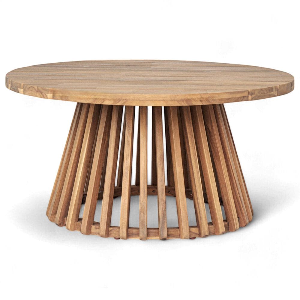 Hearth and Haven Outdoor Round Coffee Table with Slatted Base in Light Teak, , large