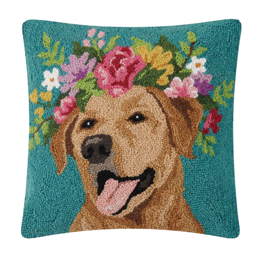 Peking Handicraft Floral Yellow Labrador 18" x 18" Throw Pillow in Brown and Teal, , large