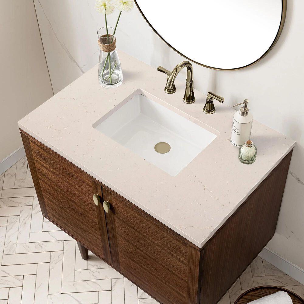 James Martin Vanities Amberly 36&quot; Single Bathroom Vanity in Walnut with 3 cm Eternal Marfil Quartz Top and Rectangular Sink, , large