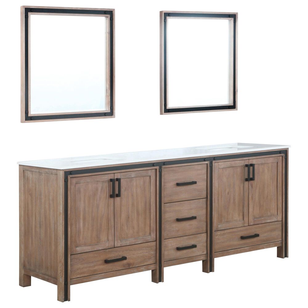Lexora Home Ziva 80" Double Bathroom Vanity in Rustic Barnwood with White Cultured Marble Top, Rectangle Sinks and Mirrors, , large