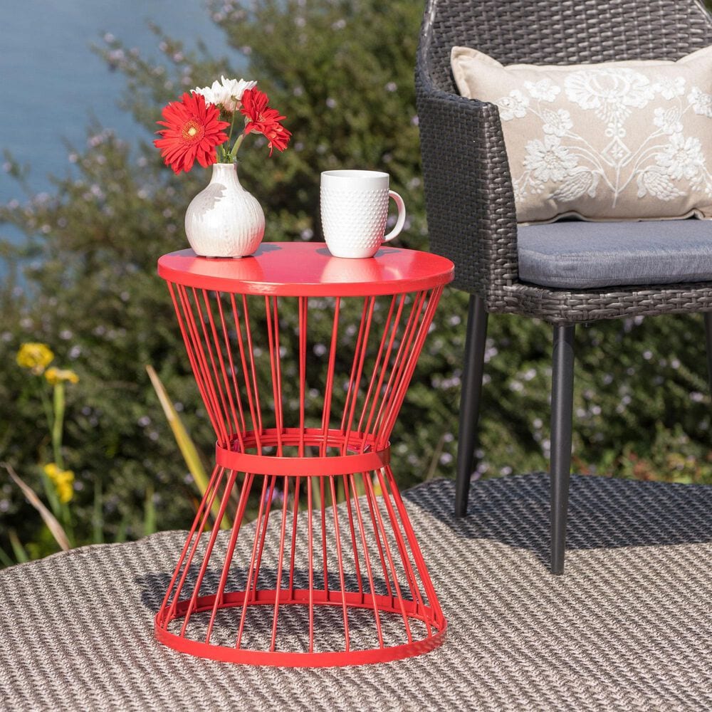 Hearth and Haven Outdoor Metal Hourglass Side Table with Open Cage Design in Red, , large