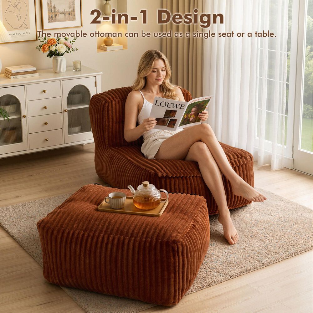 HOMLUX 2-Piece Bean Bag Chair and Ottoman in Brown, , large