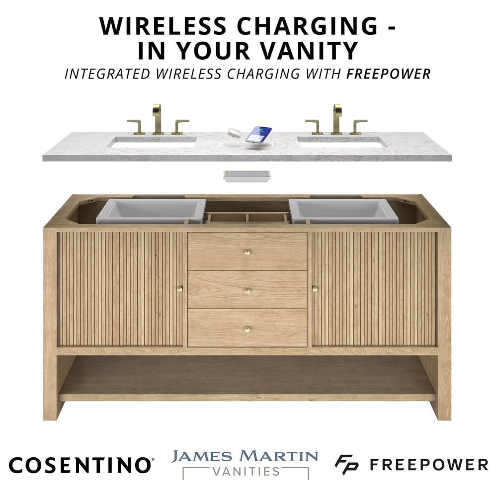 James Martin Kinnsden 48" Single Bathroom Vanity in Weathered Oak with 3 cm Victorian Silver Silestone Top, Rectangular Sink and FreePower Wireless Charger, , large
