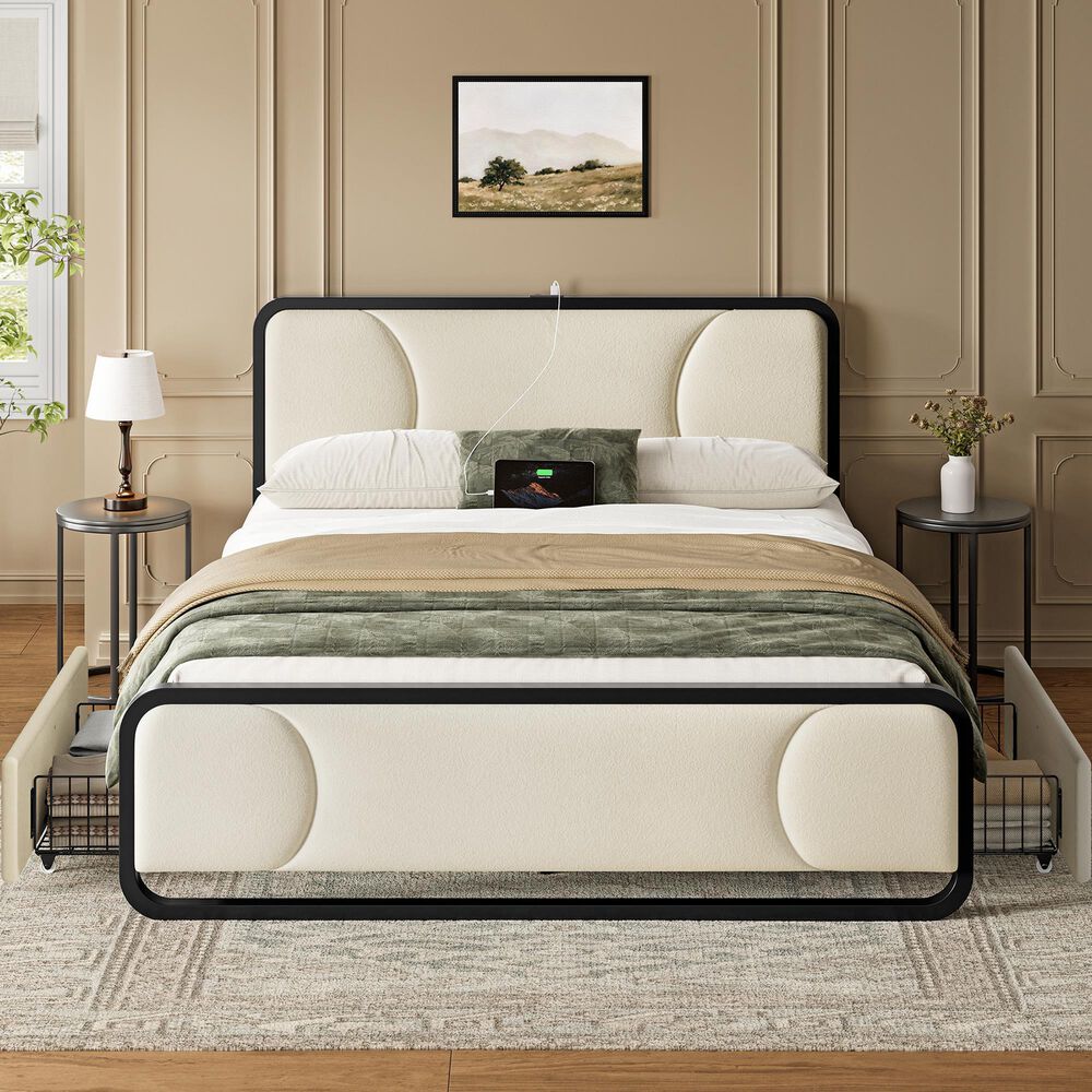 HOMLUX Queen Upholstered Platform Storage Bed in Beige, , large