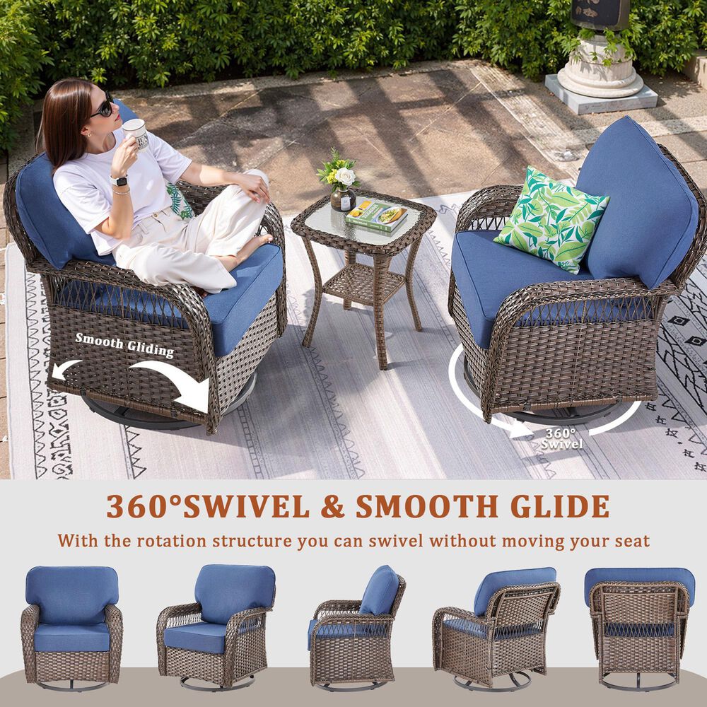 Hearth and Haven Outdoor Swivel Glider Chair with Blue Cushion in Brown (Set of 2), , large