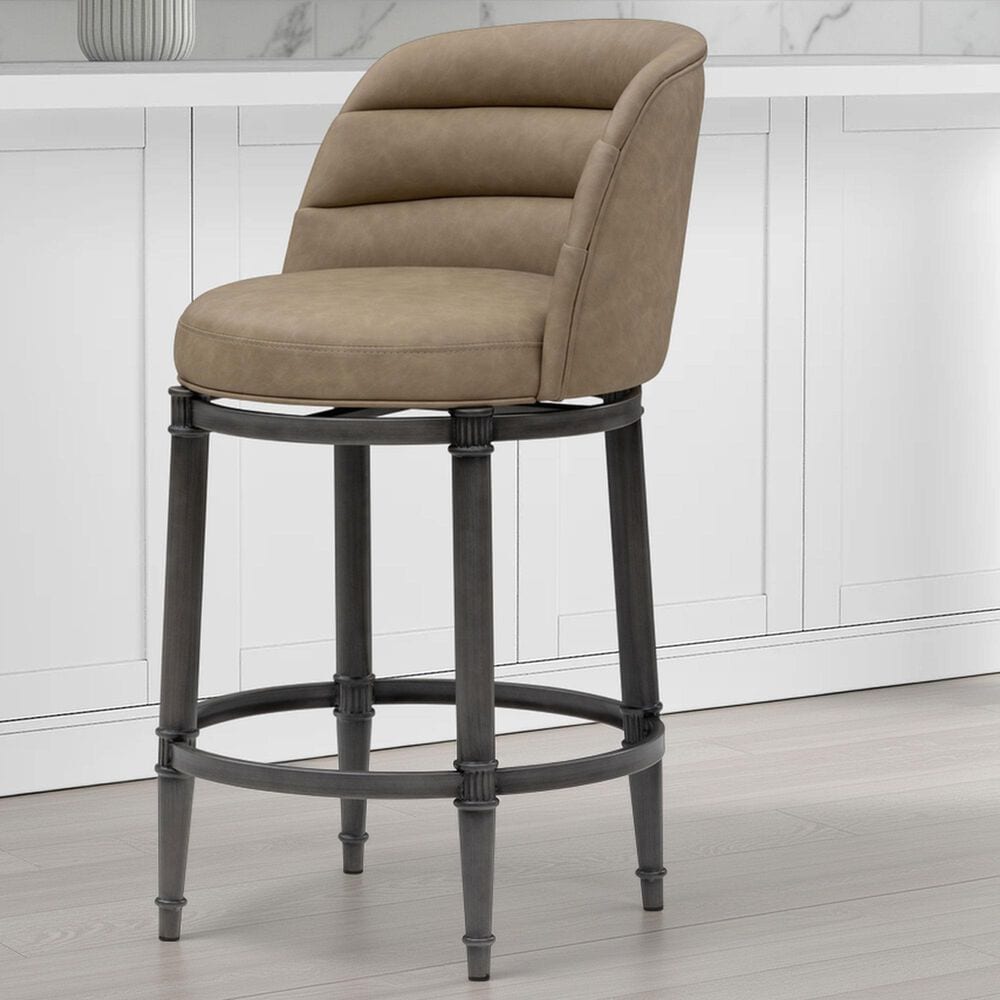 Armen Living Eunice Swivel Counter Height Stool with Mushroom Brown Upholstery in Antique Pewter, , large