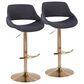 LumiSource Fabrico Swivel Adjustable Bar Stool with Charcoal Noise Fabric Upholstery and Rounded T Footrest in Gold (Set of 2), , large