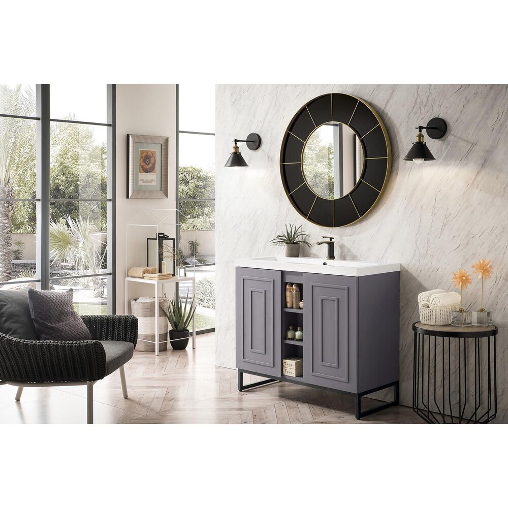 James Martin Vanities Alicante 39.5&quot; Single Bathroom Vanity in Grey Smoke and Matte Black with 5 cm White Glossy Resin Top and Rectangular Sink, , large