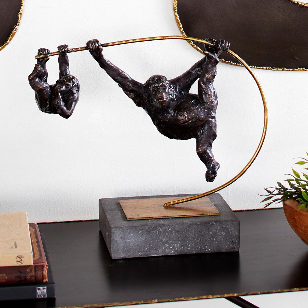 Maple and Jade 15&quot; Resin Ape Sculpture in Blackish-Brown, Gold and Dark Gray, , large
