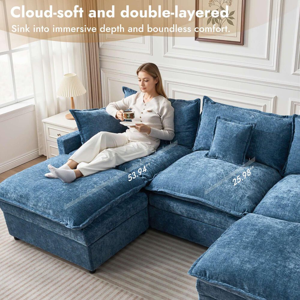 HOMLUX 107.87" Ultra-Comfort Chenille Sectional Sofa Set in Blue, , large