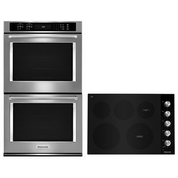 KitchenAid 2-Piece Kitchen Package with 30" Double Wall Oven and 5 Elements Electric Cooktop in Stainless Steel and Black, , large
