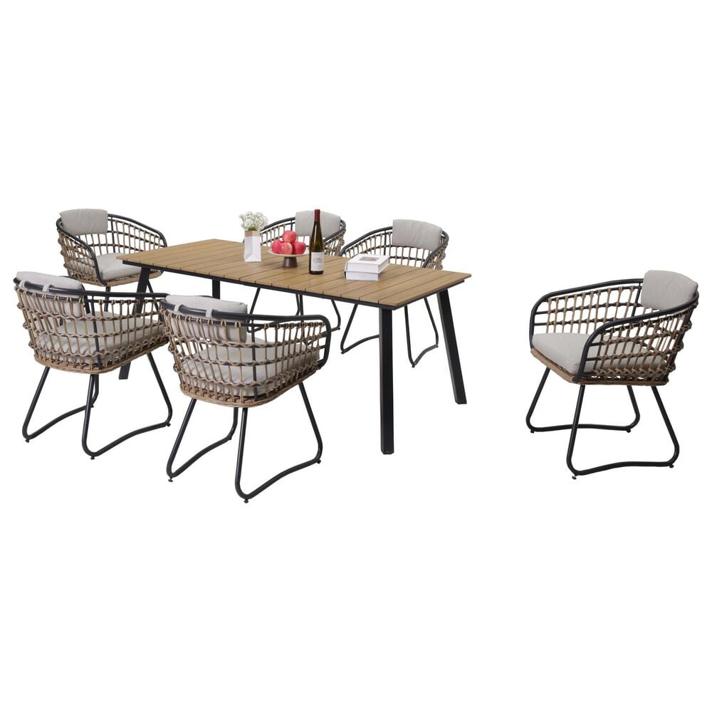 Hearth and Haven 7-Piece Outdoor Rectangular Dining Set with Beige Cushion in Black, , large