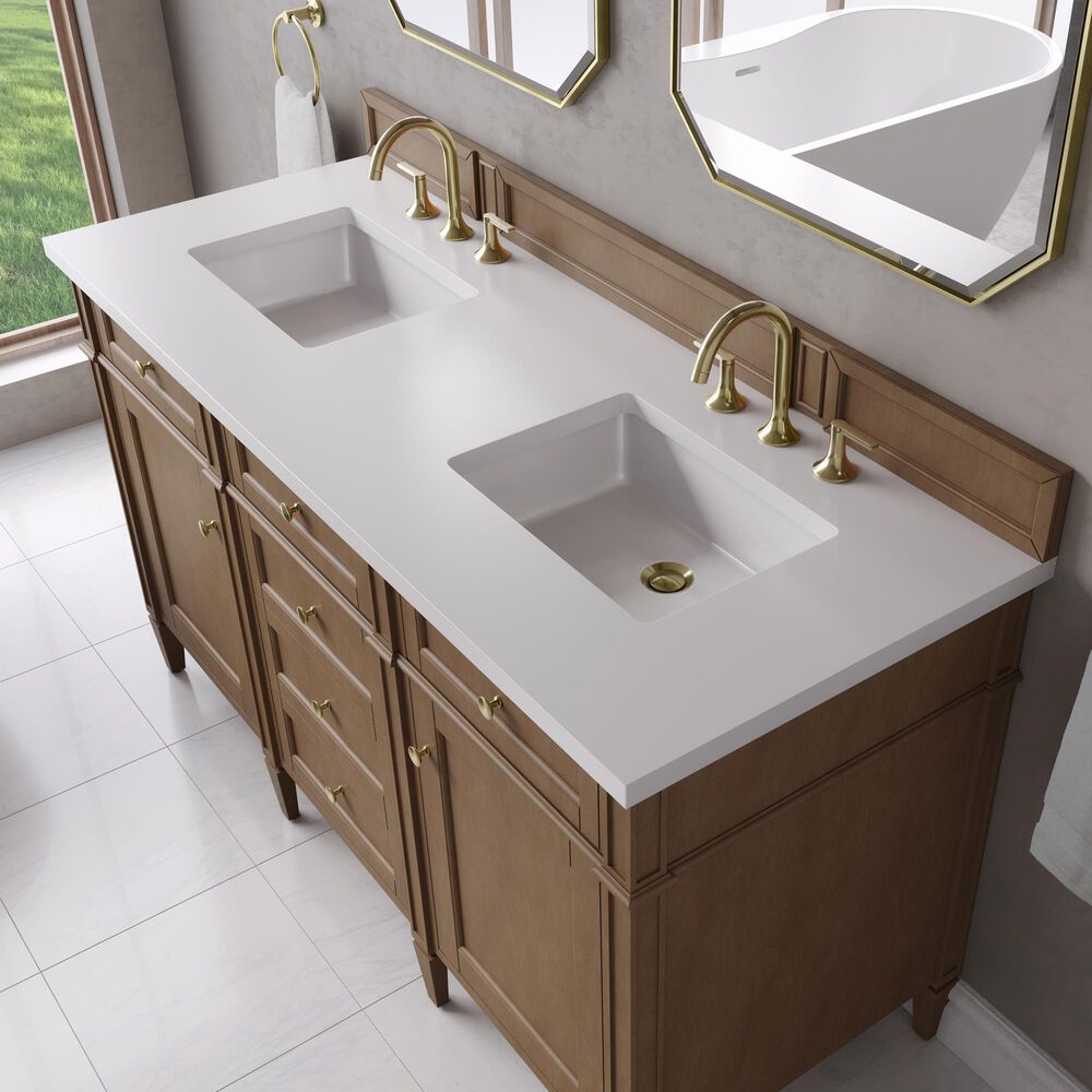 James Martin Brittany 60" Double Bathroom Vanity in Pecan with 3 cm White Zeus Silestone Top and Rectangular Sinks, , large
