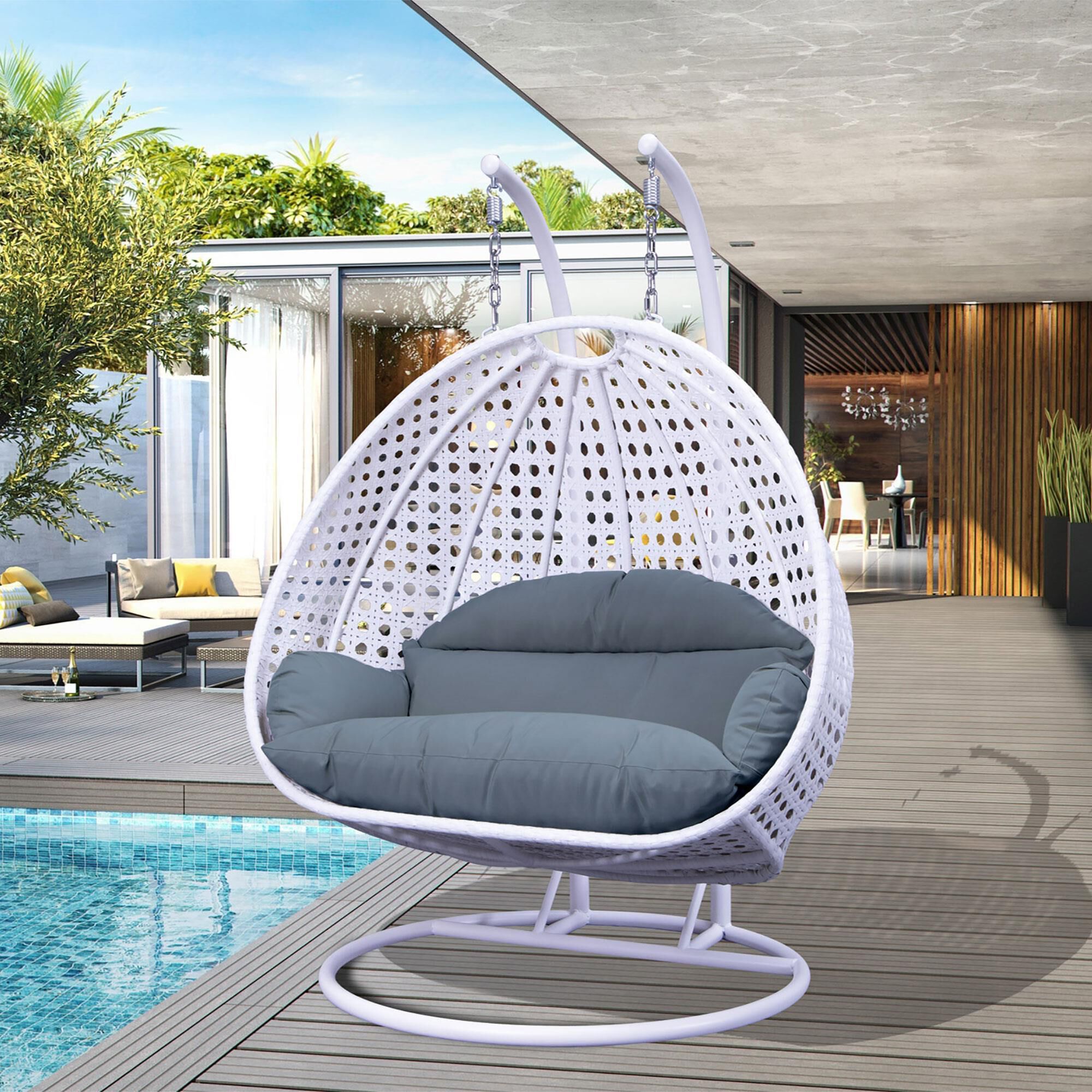 Leisuremod 2 Seat Hanging Egg Swing Chair with Charcoal Blue Cushion in White NFM