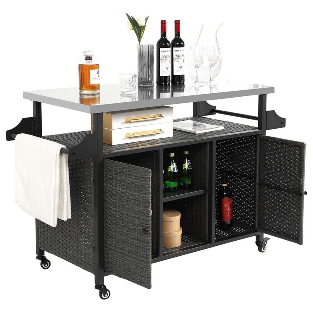 Hearth and Haven 2-Door Outdoor Bar Cart with Stainless Steel Top in Grey, , large