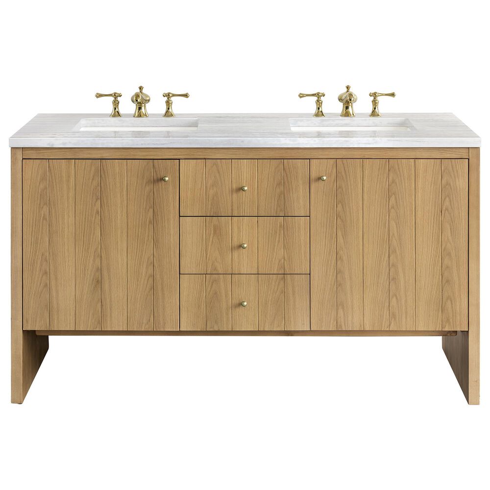 James Martin Vanities Hudson 60" Double Bathroom Vanity in Light Natural Oak with 3 cm Arctic Fall Solid Surface Top and Rectangular Sinks, , large