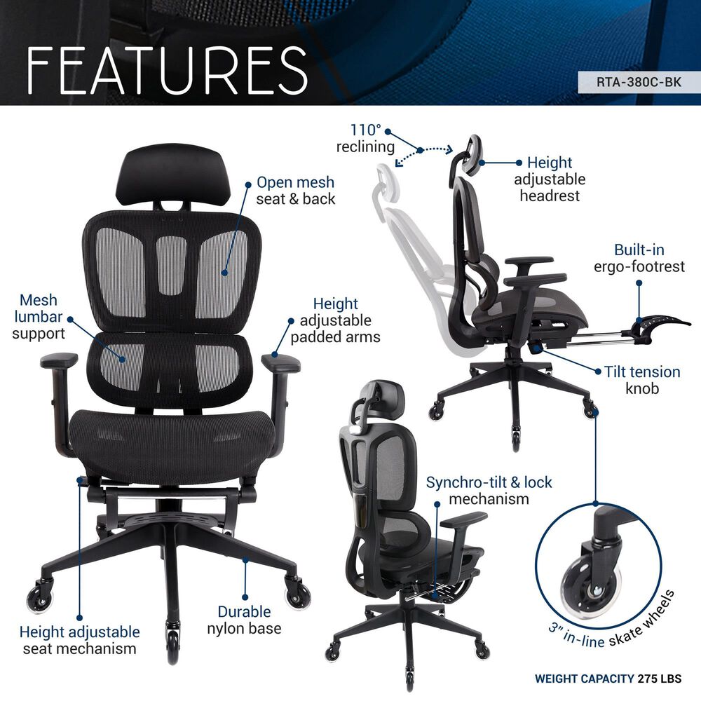 Rta Products Llc Ultimate Reclining Ergonomic Mesh Office Chair with Lumbar Support and Footrest in Black, , large
