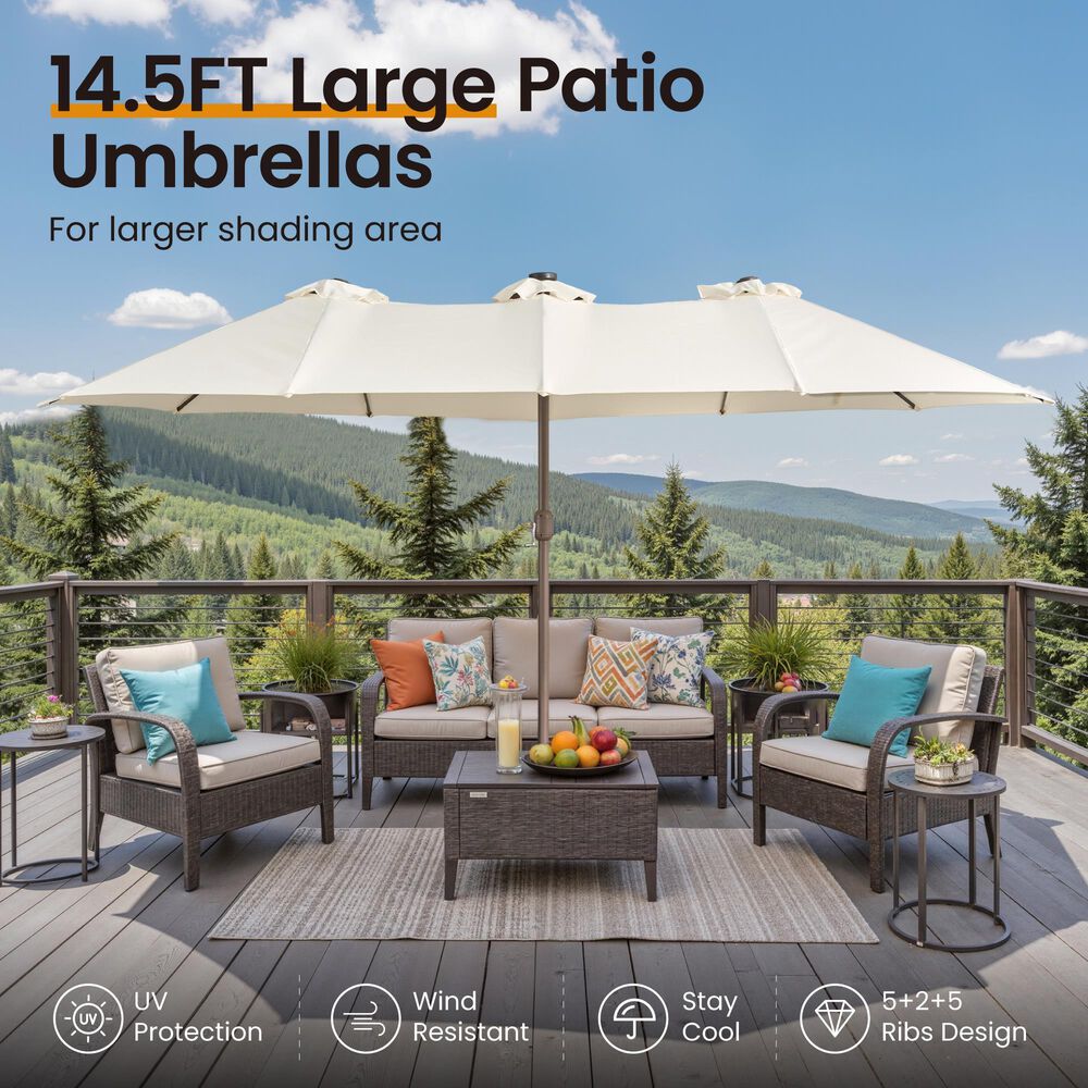 HOMLUX 15' Double-Sided Outdoor Market Umbrella with Sandbag Base and White LED Beads in White, , large