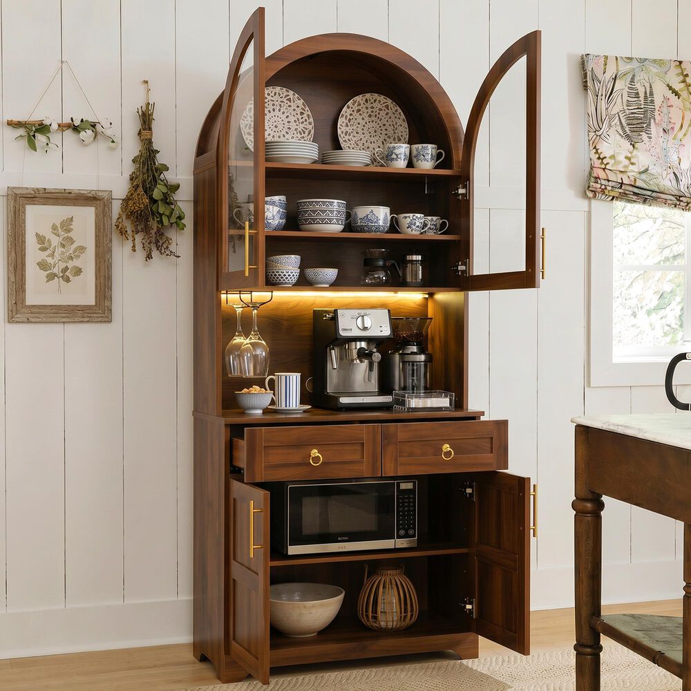 HOMLUX 75" Arched Kitchen Pantry Cabinet with LED Light in Walnut, , large