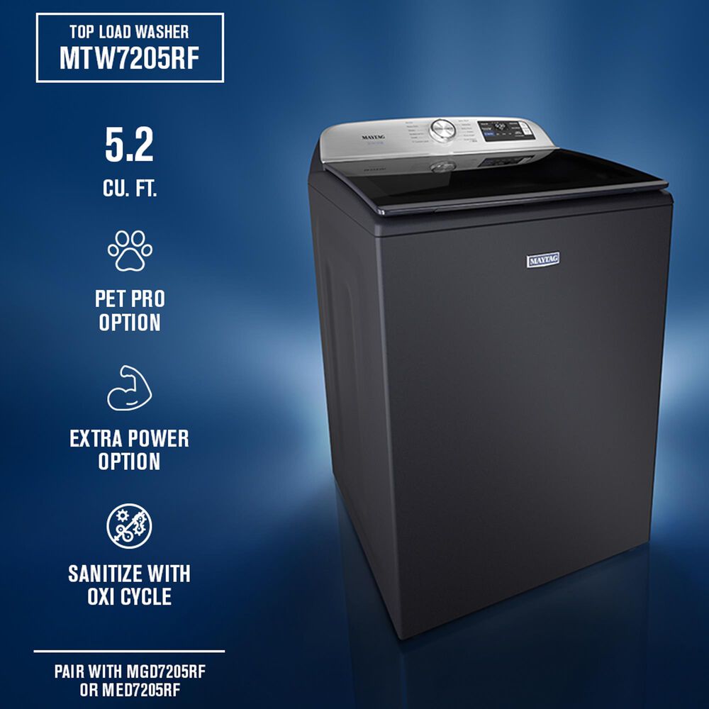 Maytag 5.2 Cu. Ft. Smart Pet Pro Top Load Agitator Washer and 7.4 Cu. Ft. Smart Gas Top Load Dryer Laundry Pair in Midnight Steel, , large