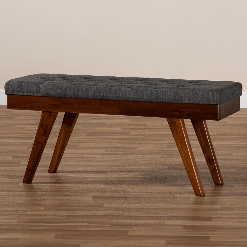 Baxton Studio Alona Dining Bench with Medium Grey Cushion in Walnut Brown, , large