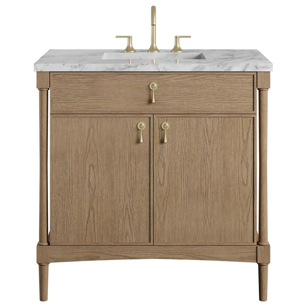 James Martin Kinnsden 36" Single Bathroom Vanity in Weathered Oak with 3 cm Carrara Marble Top and Rectangular Sink, , large