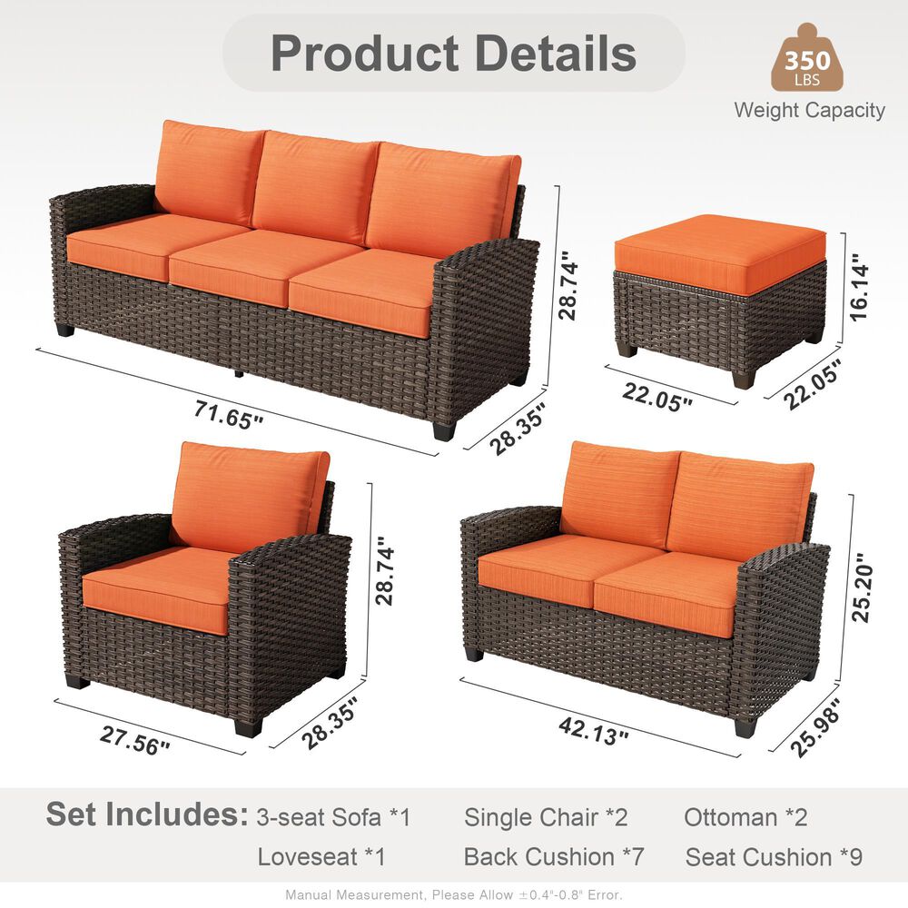 HOMLUX 6-Piece Patio Conversation Set with Loveseat and Light Brown Wicker in Orange Red, , large