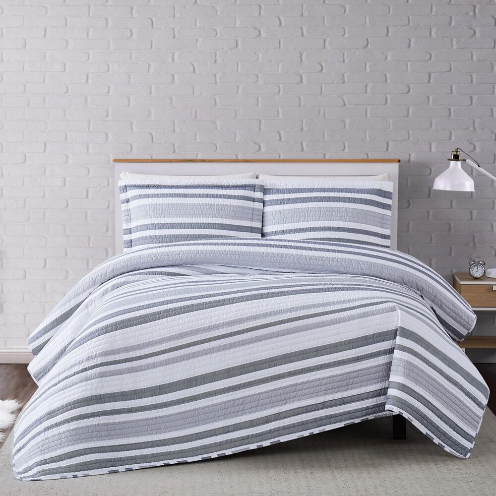 Pem America Truly Soft Curtis 3-Piece King Quilt Set in White and Grey, , large