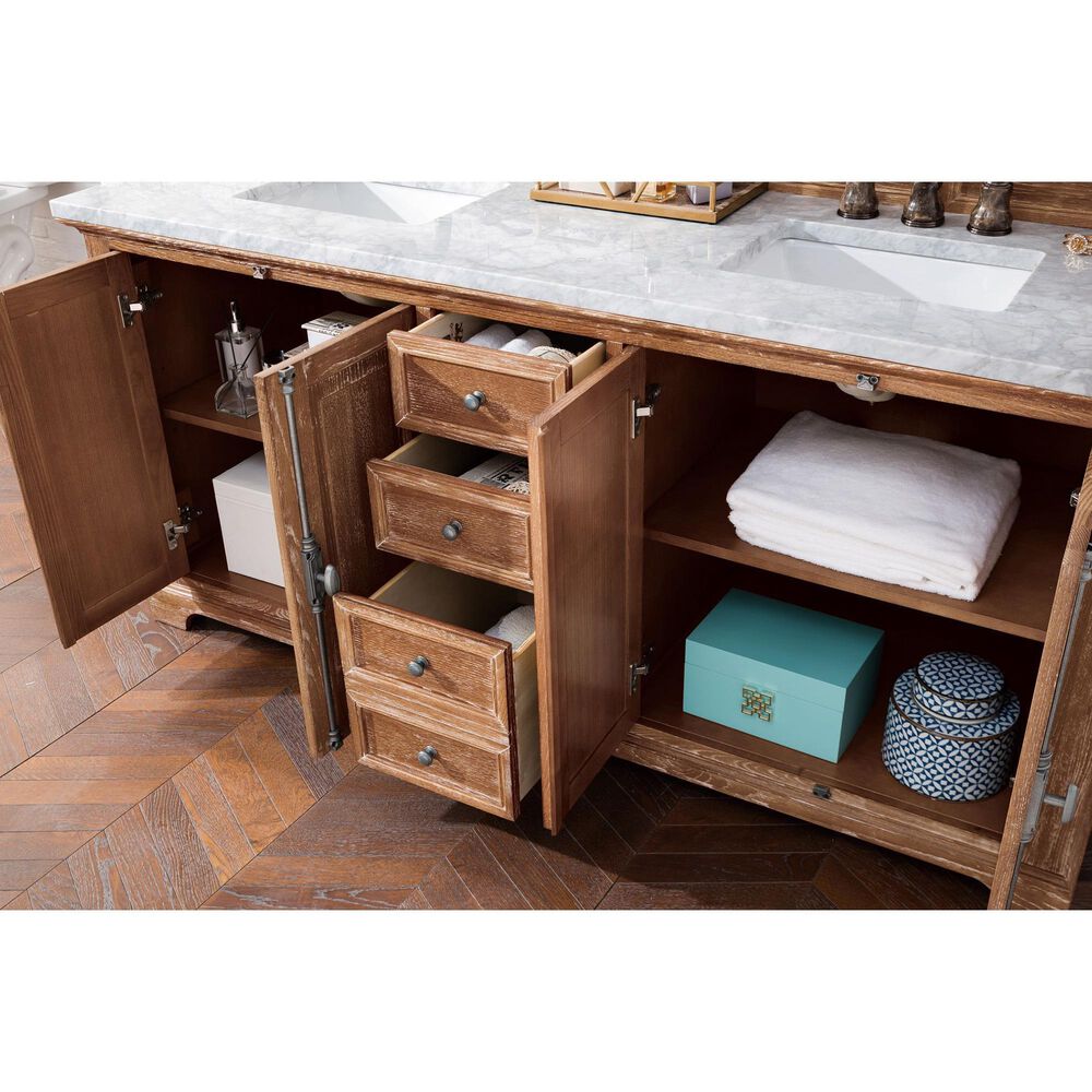 James Martin Vanities Providence 72&quot; Double Bathroom Vanity in Driftwood with 3 cm Carrara White Marble Top and Rectangular Sinks, , large